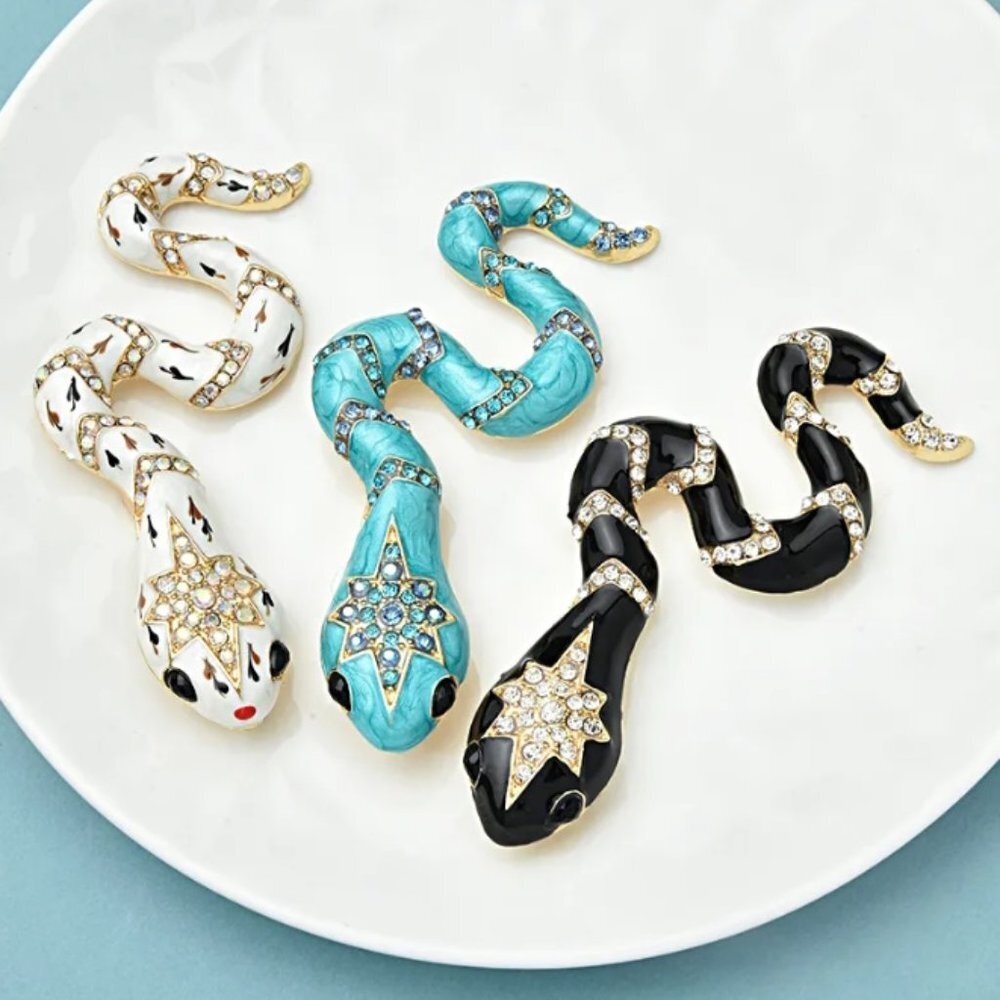 Jewelry brooch pin pendant snake large white black blue yellow gold crystals new